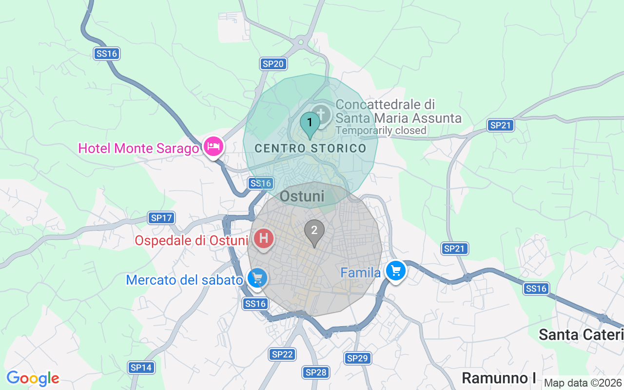 Map of Airbnb guest-review hotspots in Ostuni with location premium circles