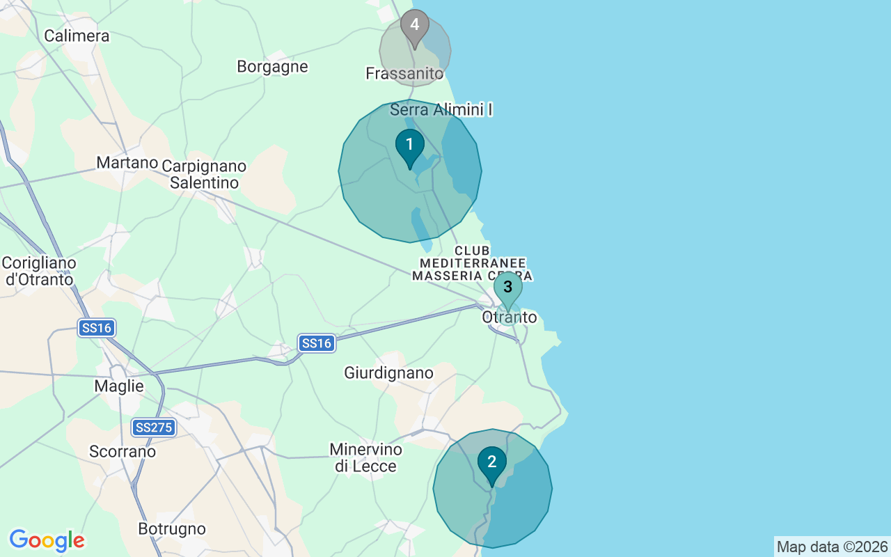 Map of Airbnb guest-review hotspots in Otranto with location premium circles