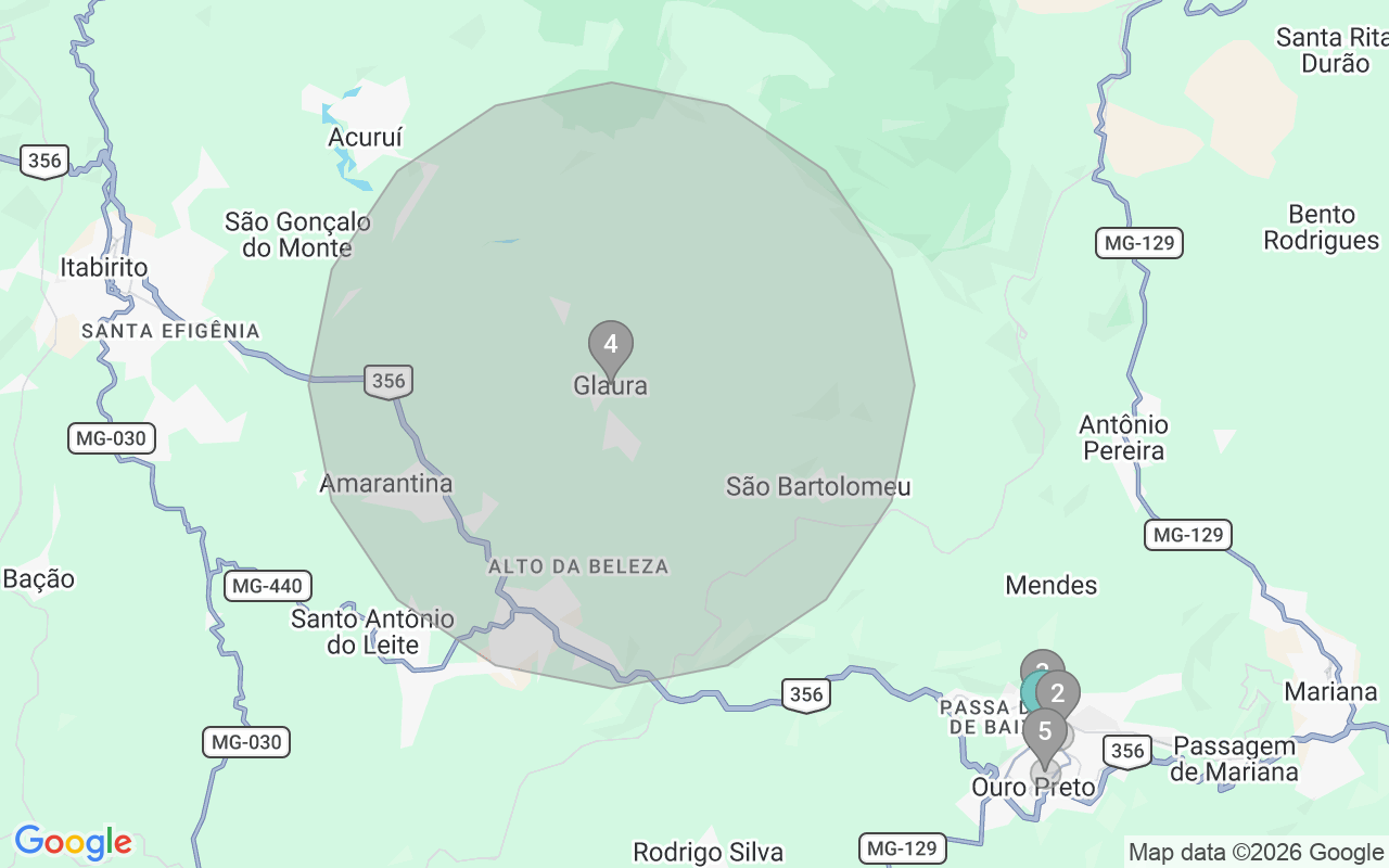 Map of Airbnb guest-review hotspots in Ouro Preto with location premium circles