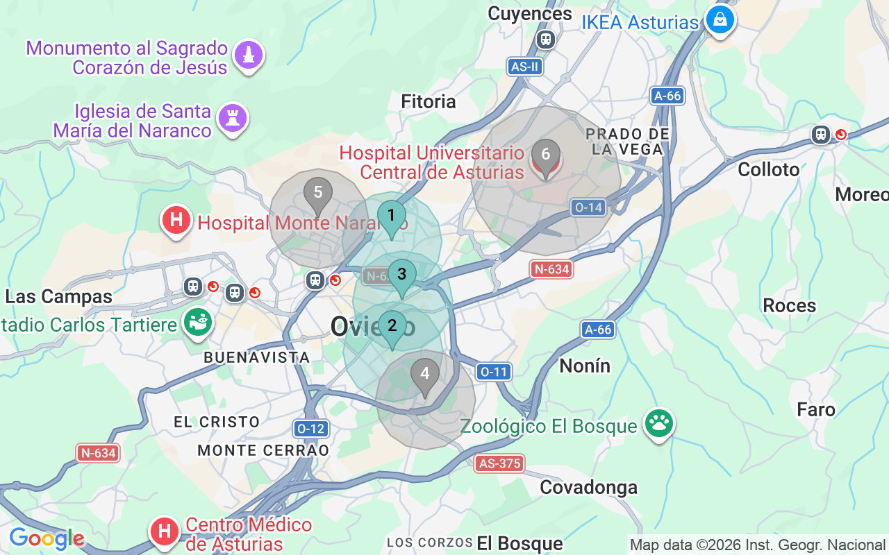Map of Airbnb guest-review hotspots in Oviedo with location premium circles