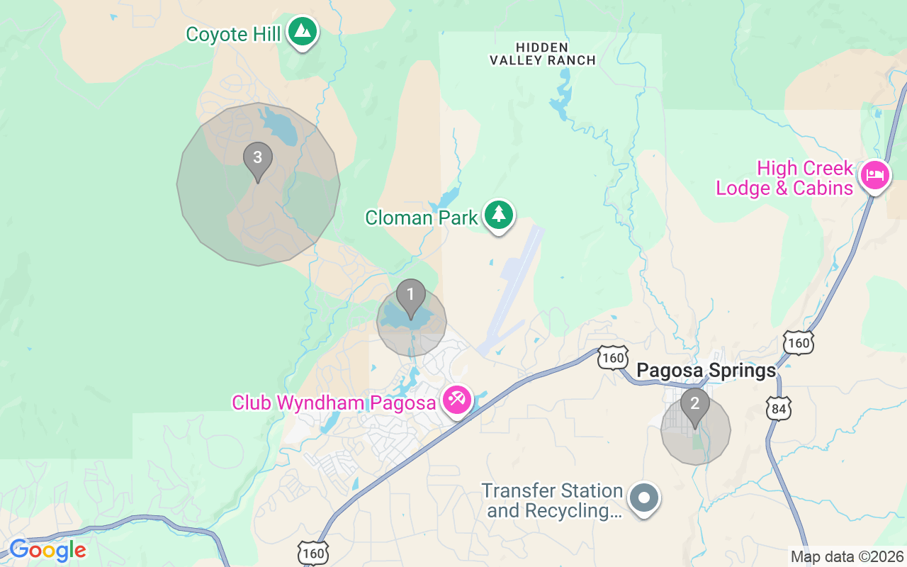 Map of Airbnb guest-review hotspots in Pagosa Springs with location premium circles