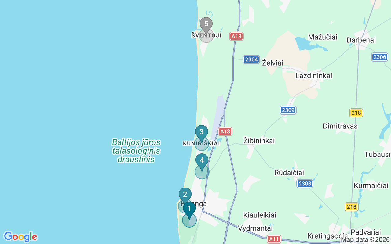 Map of Airbnb guest-review hotspots in Palanga with location premium circles