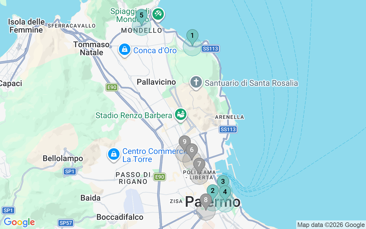 Map of Airbnb guest-review hotspots in Palermo with location premium circles