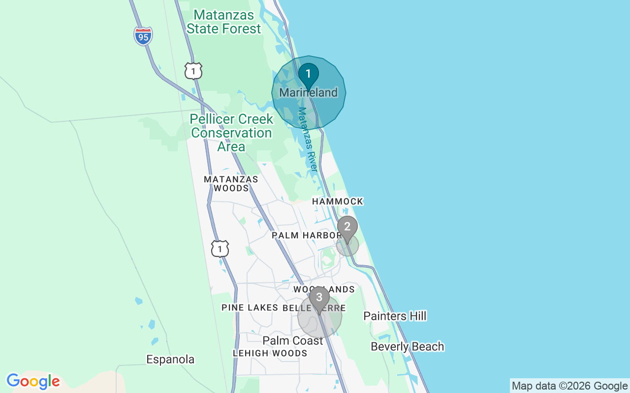 Map of Airbnb guest-review hotspots in Palm Coast with location premium circles