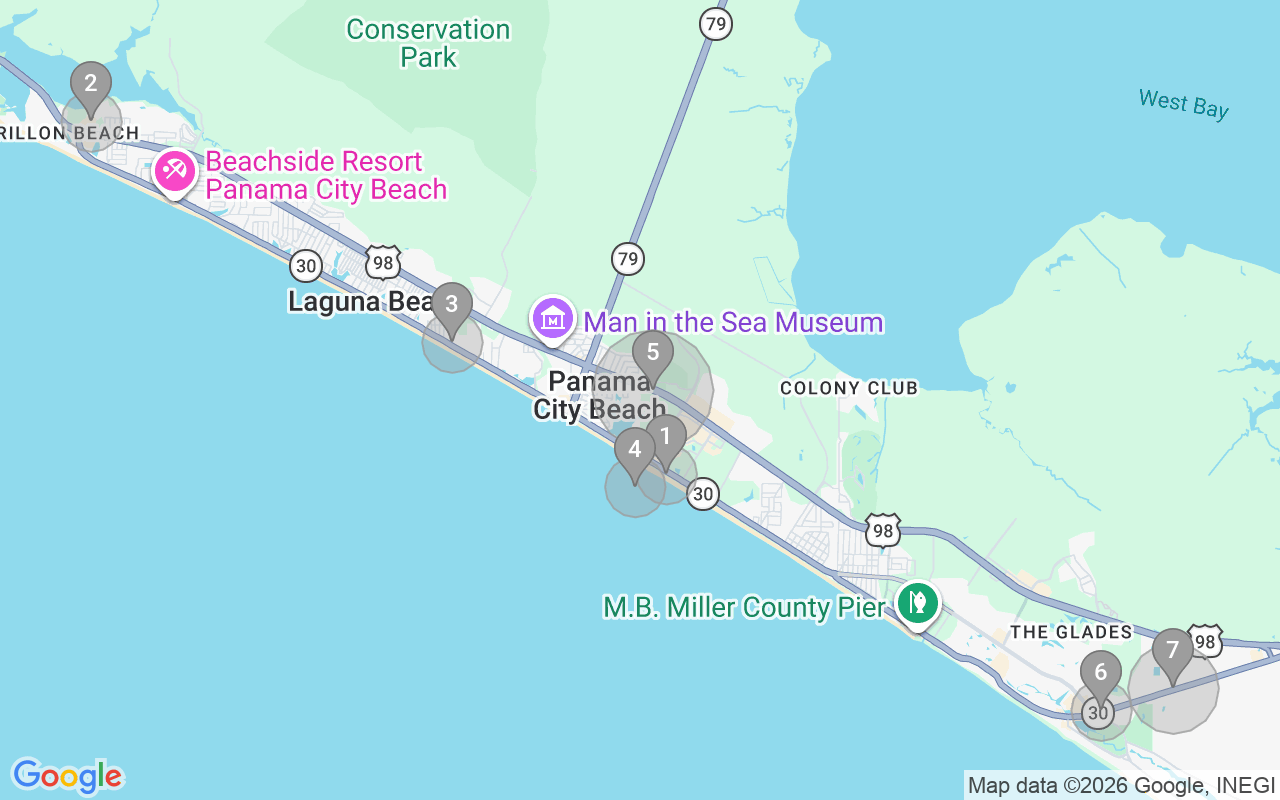 Map of Airbnb guest-review hotspots in Panama City Beach with location premium circles