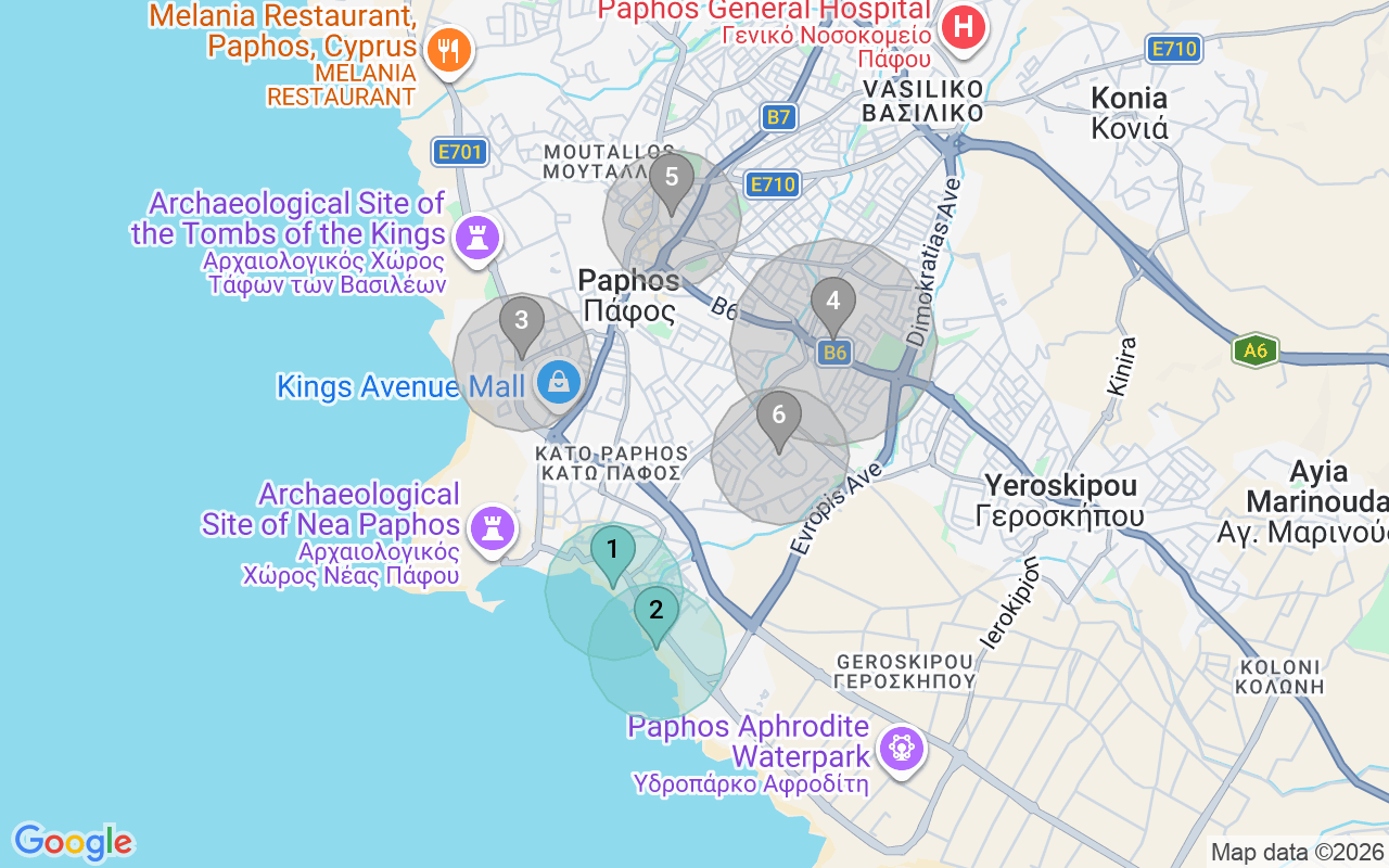 Map of Airbnb guest-review hotspots in Paphos with location premium circles