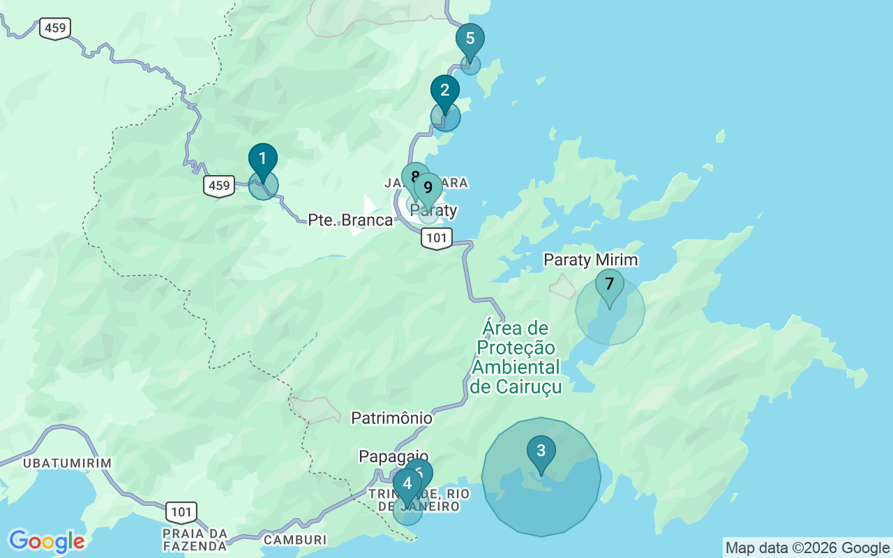 Map of Airbnb guest-review hotspots in Paraty with location premium circles