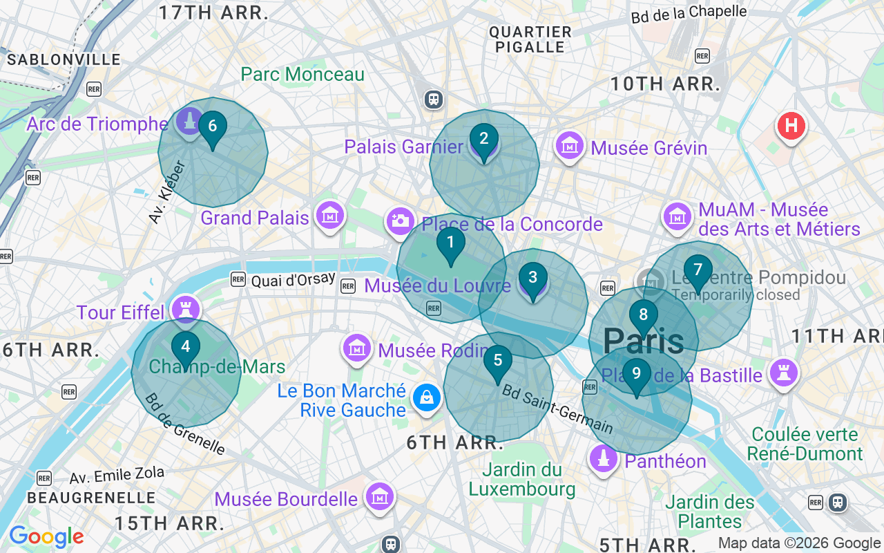 Map of Airbnb guest-review hotspots in Paris with location premium circles