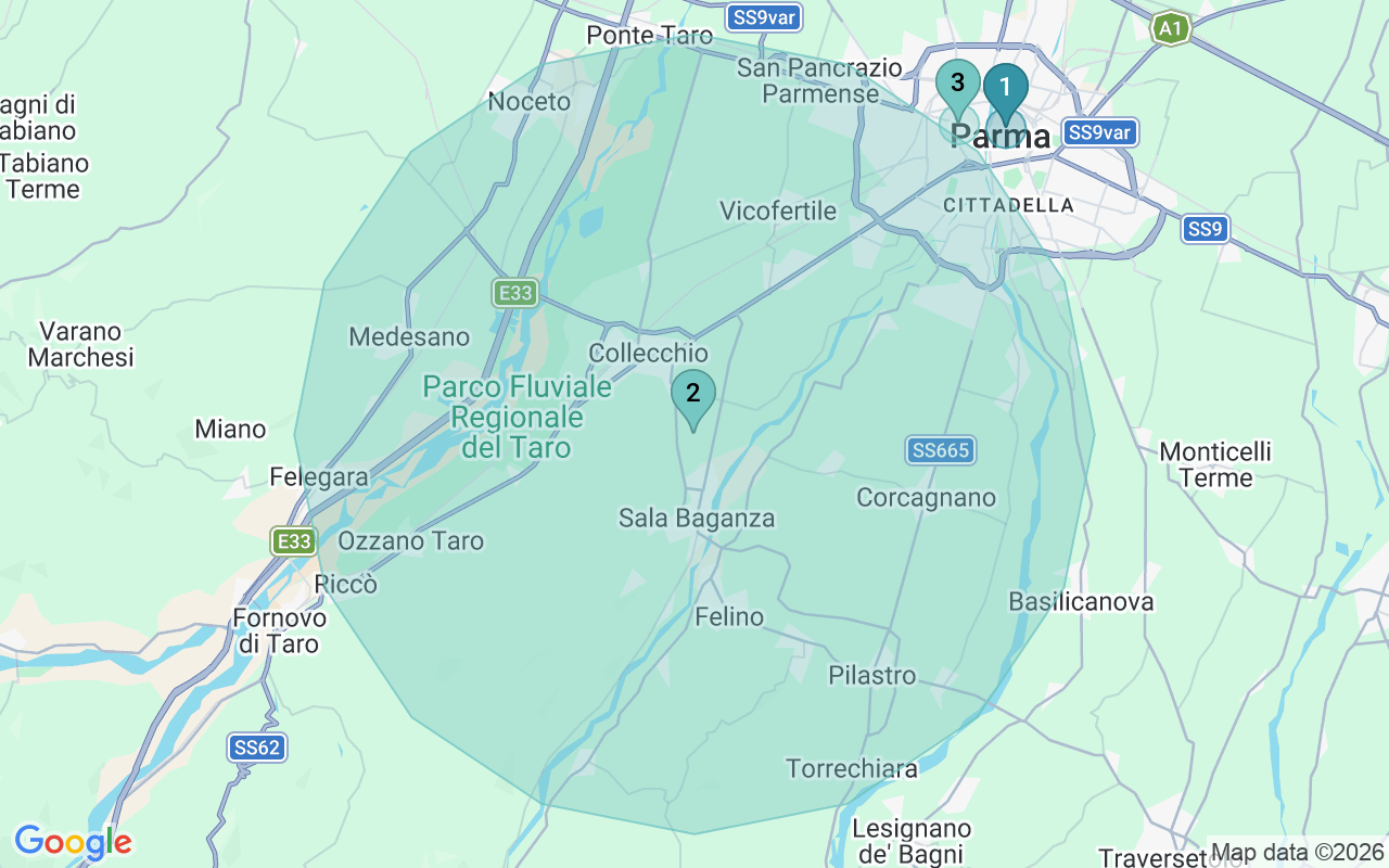 Map of Airbnb guest-review hotspots in Parma with location premium circles