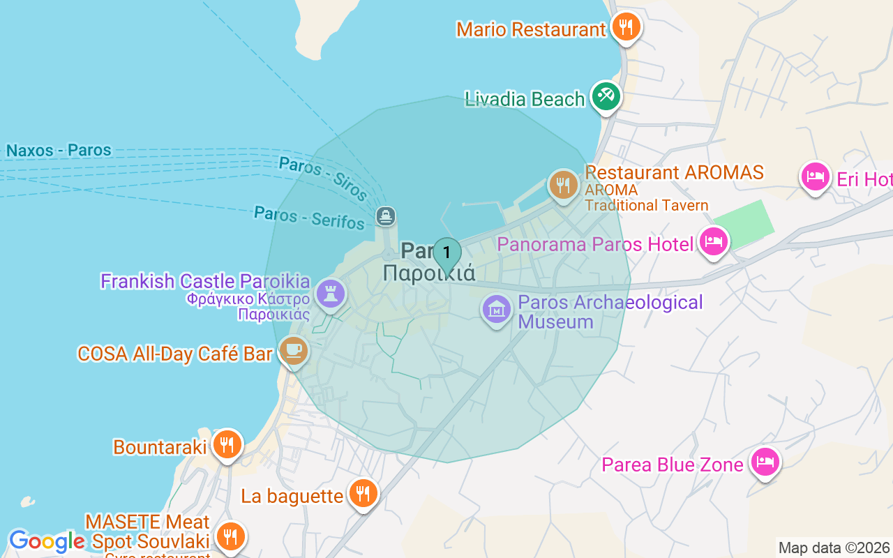 Map of Airbnb guest-review hotspots in Paros with location premium circles