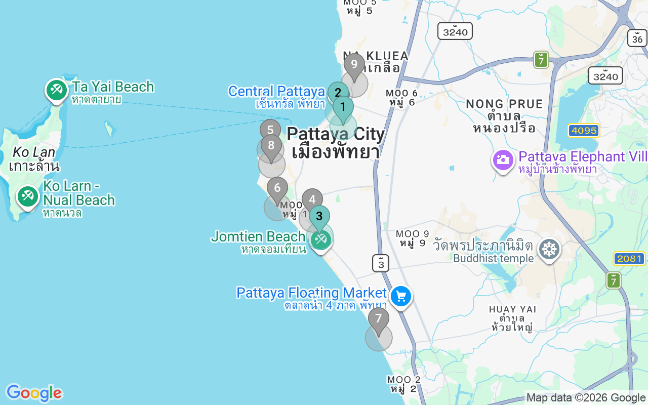 Map of Airbnb guest-review hotspots in Pattaya with location premium circles