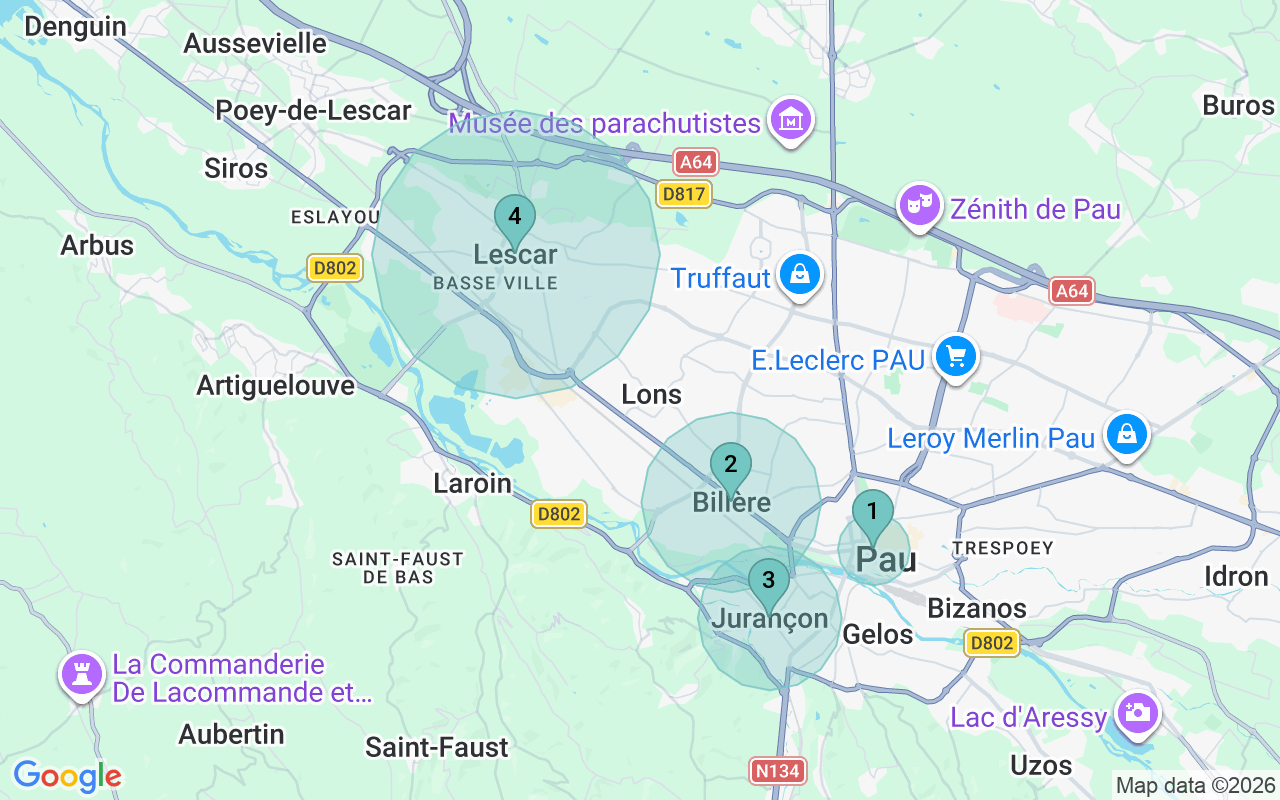 Map of Airbnb guest-review hotspots in Pau with location premium circles