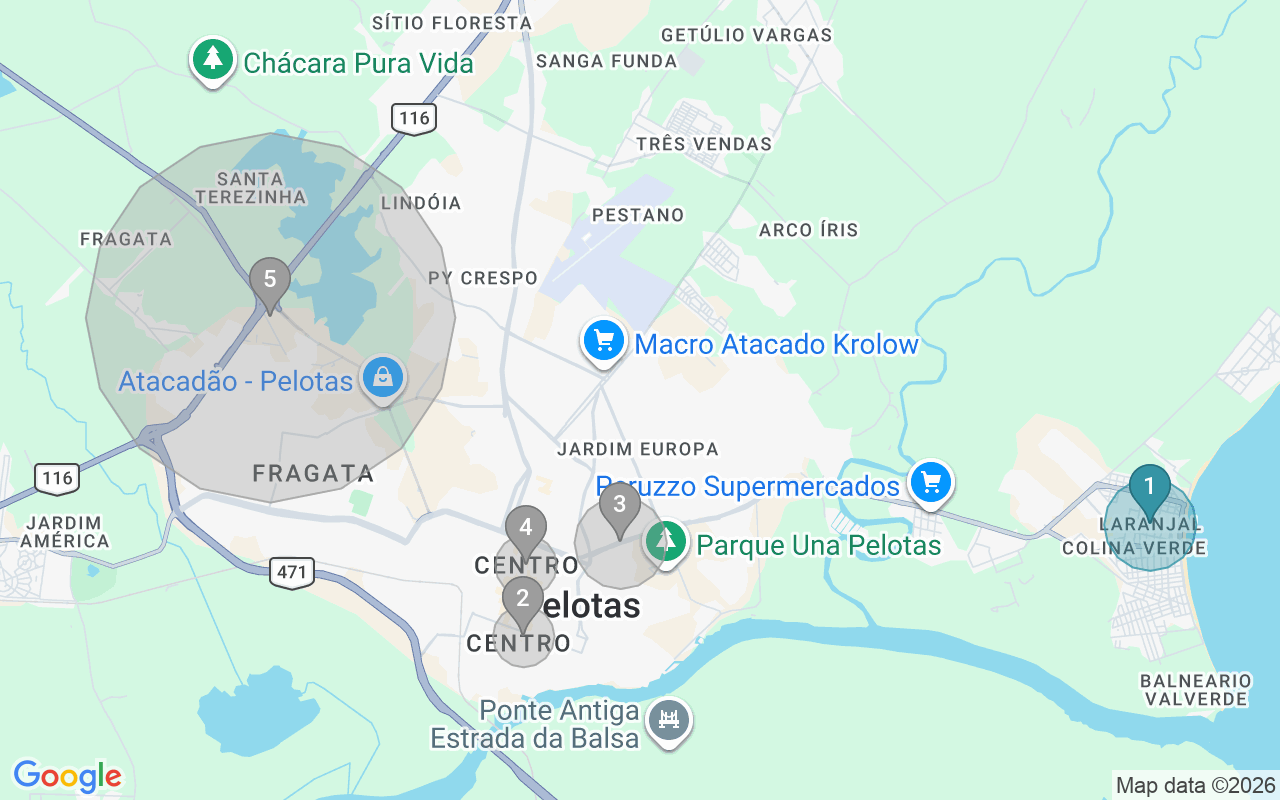 Map of Airbnb guest-review hotspots in Pelotas with location premium circles
