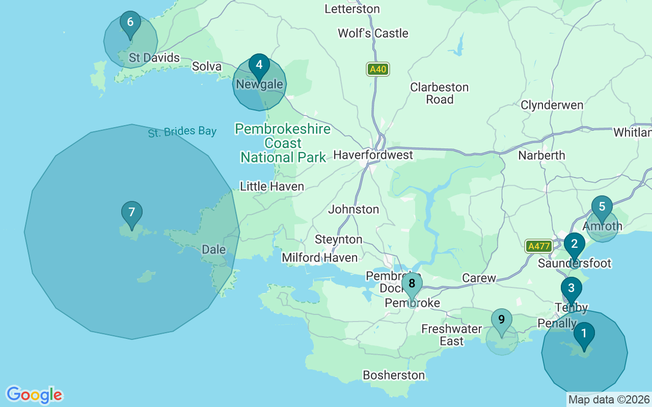 Map of Airbnb guest-review hotspots in Pembrokeshire with location premium circles