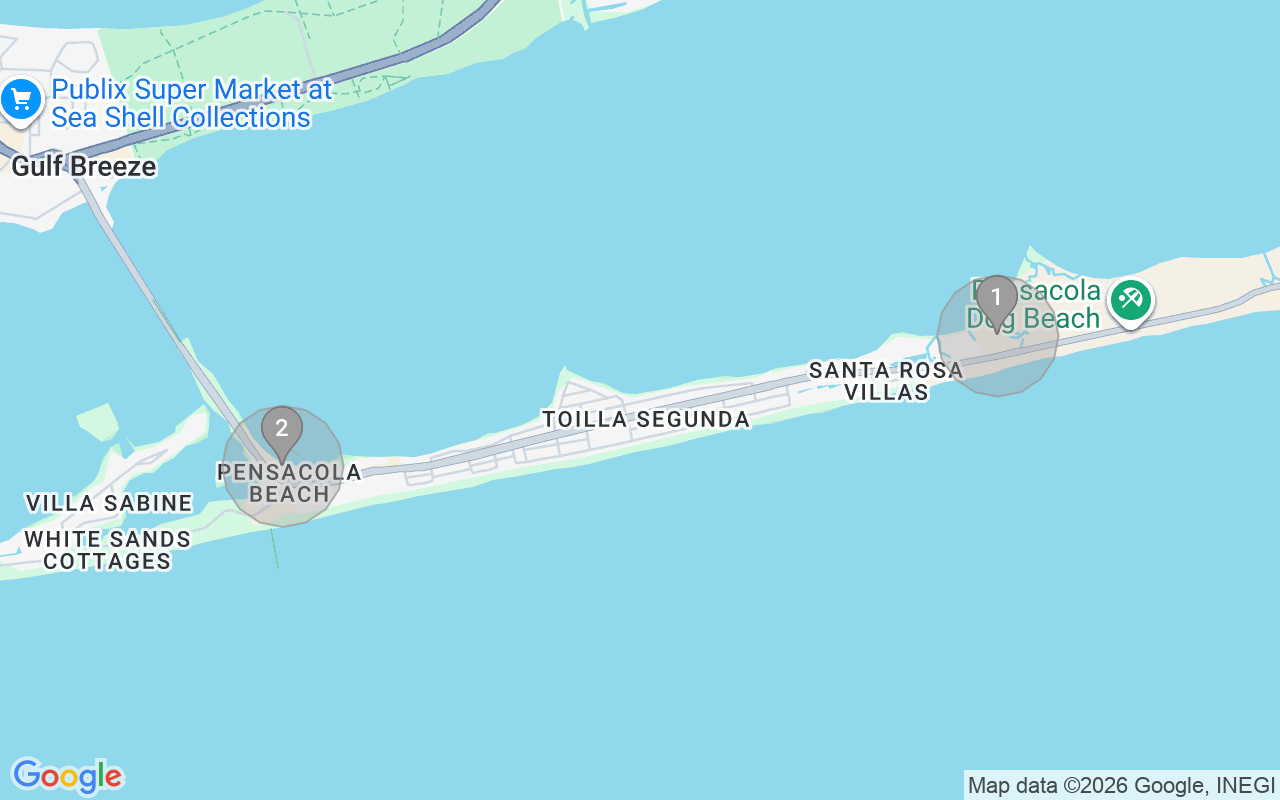 Map of Airbnb guest-review hotspots in Pensacola Beach with location premium circles
