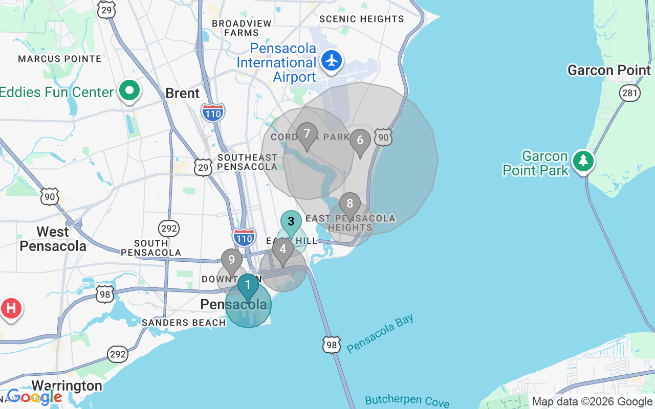 Map of Airbnb guest-review hotspots in Pensacola with location premium circles