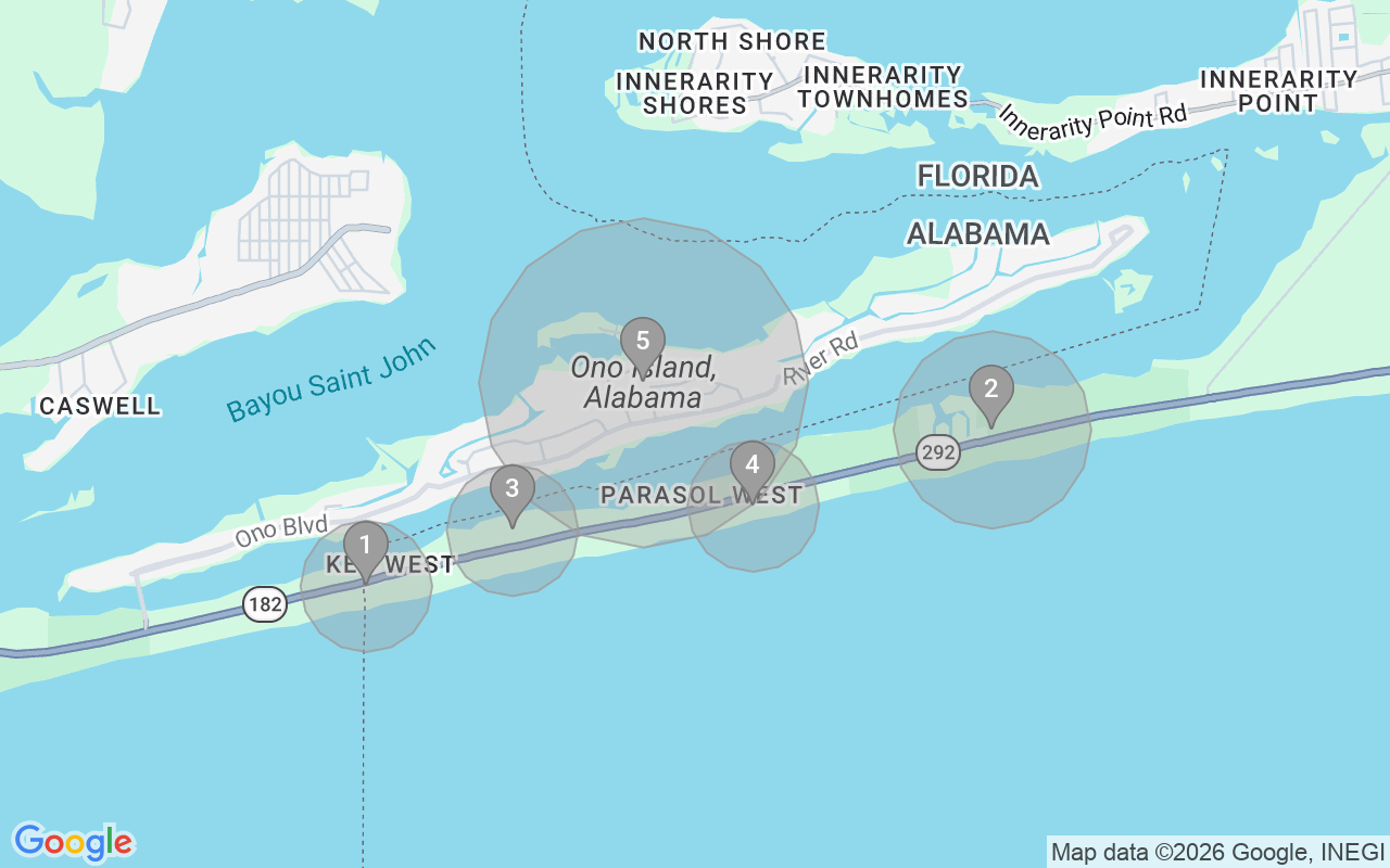 Map of Airbnb guest-review hotspots in Perdido Key with location premium circles