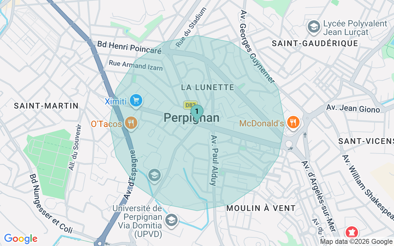 Map of Airbnb guest-review hotspots in Perpignan with location premium circles