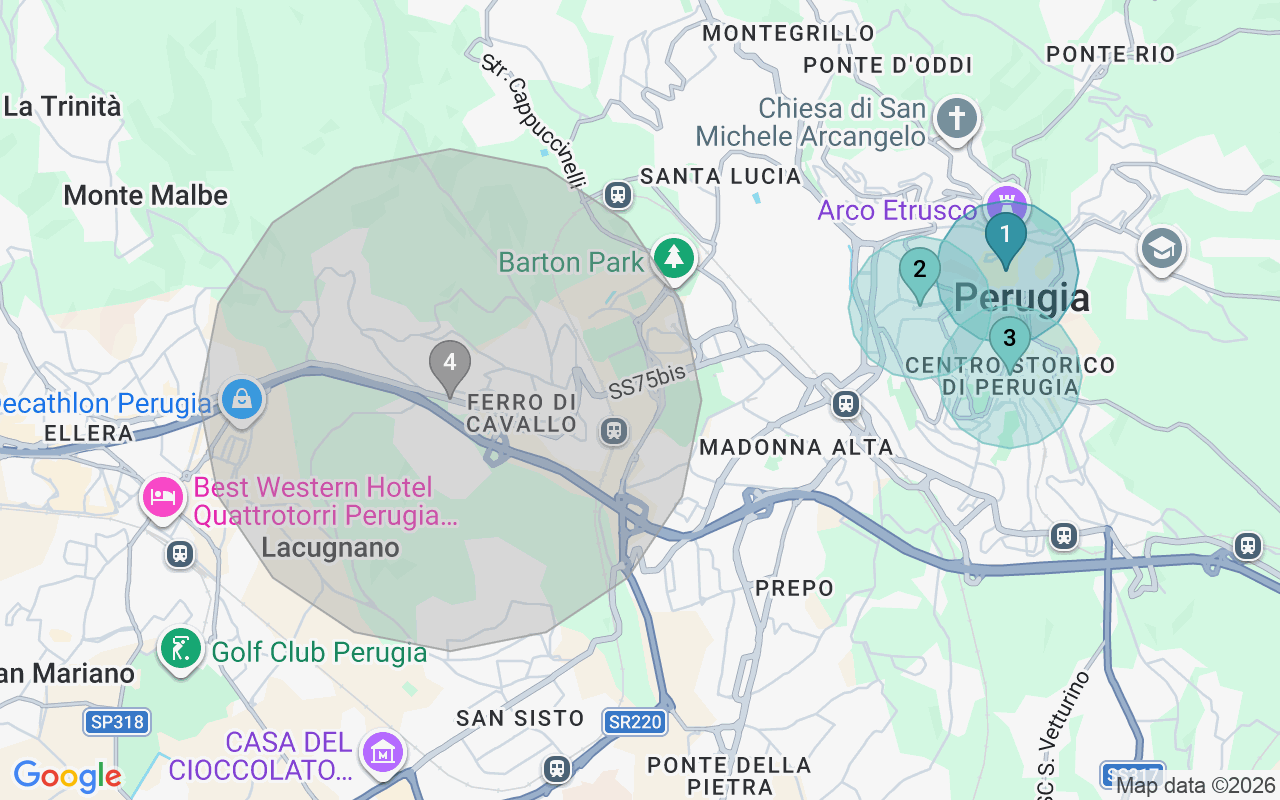 Map of Airbnb guest-review hotspots in Perugia with location premium circles