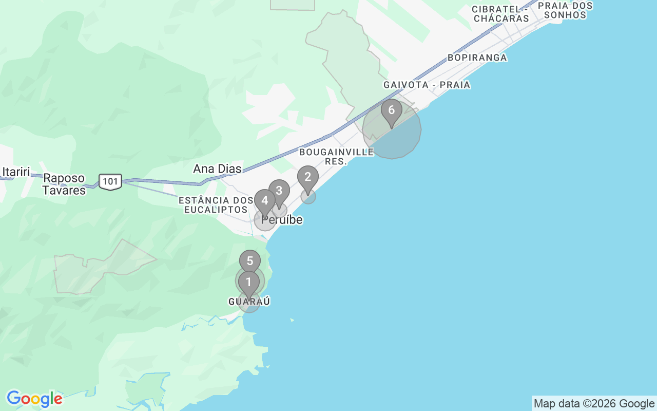 Map of Airbnb guest-review hotspots in Peruíbe with location premium circles