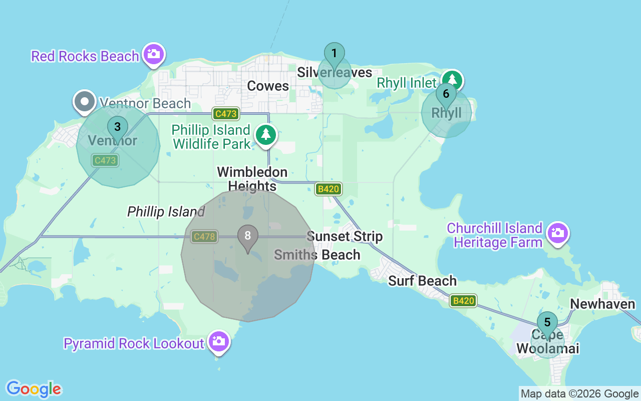 Map of Airbnb guest-review hotspots in Phillip Island with location premium circles