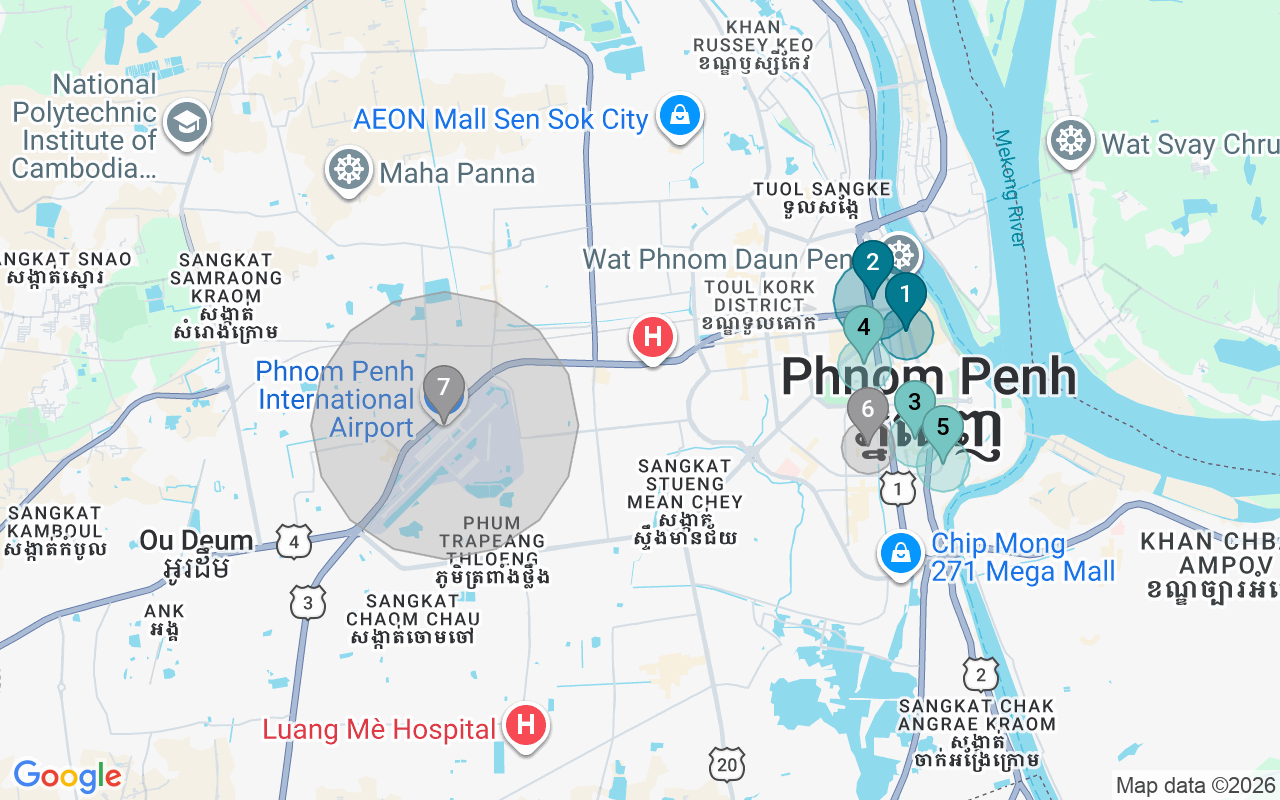 Map of Airbnb guest-review hotspots in Phnom Penh with location premium circles