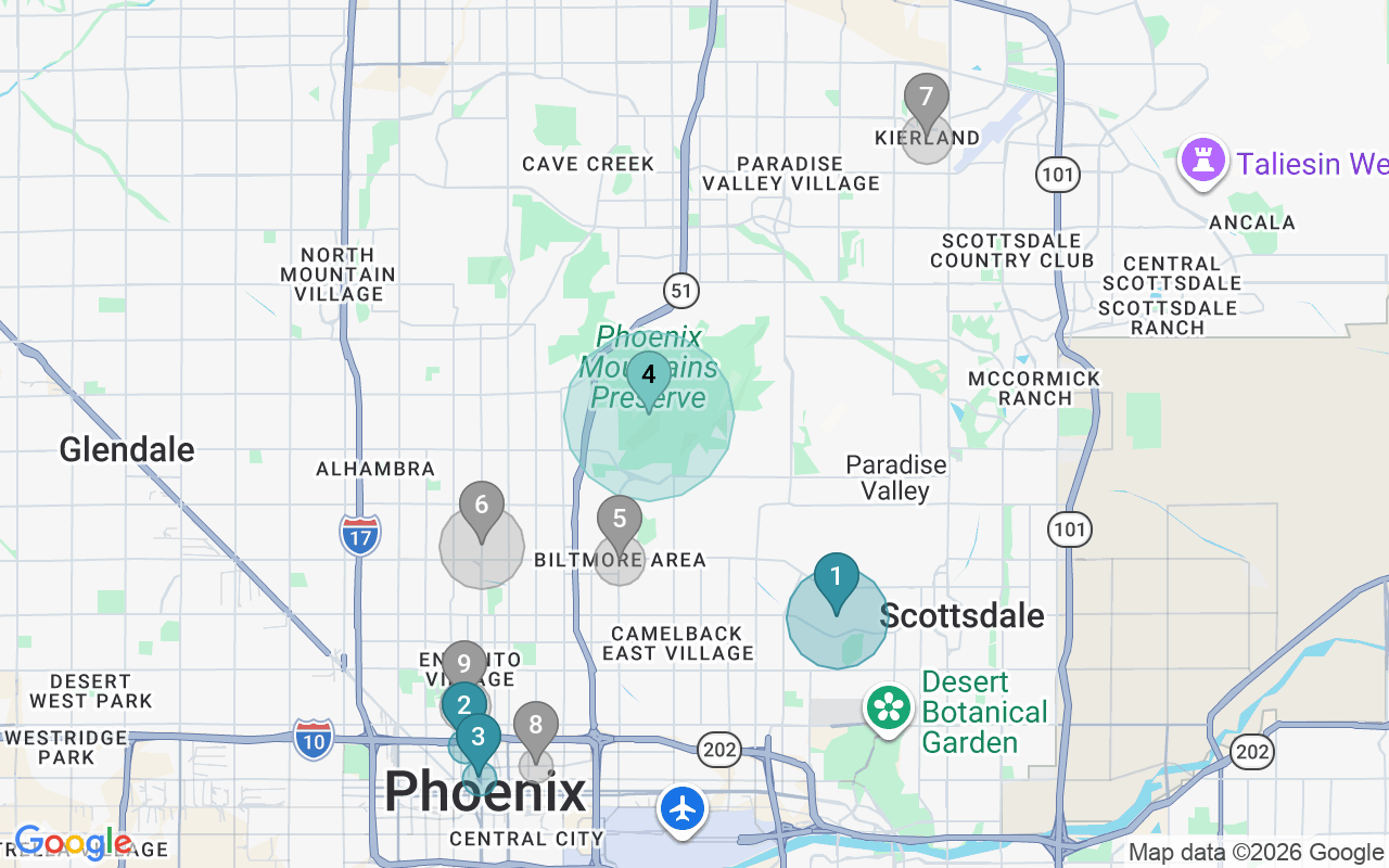 Map of Airbnb guest-review hotspots in Phoenix with location premium circles