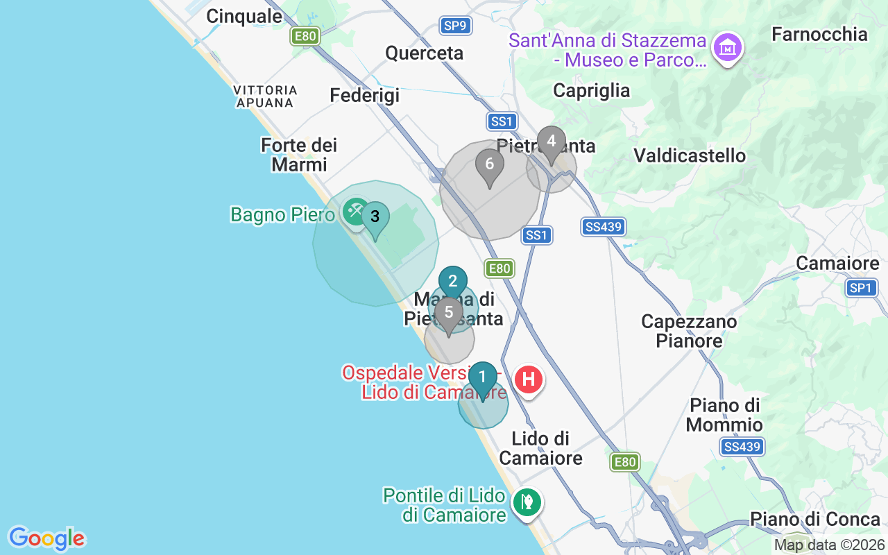 Map of Airbnb guest-review hotspots in Pietrasanta with location premium circles