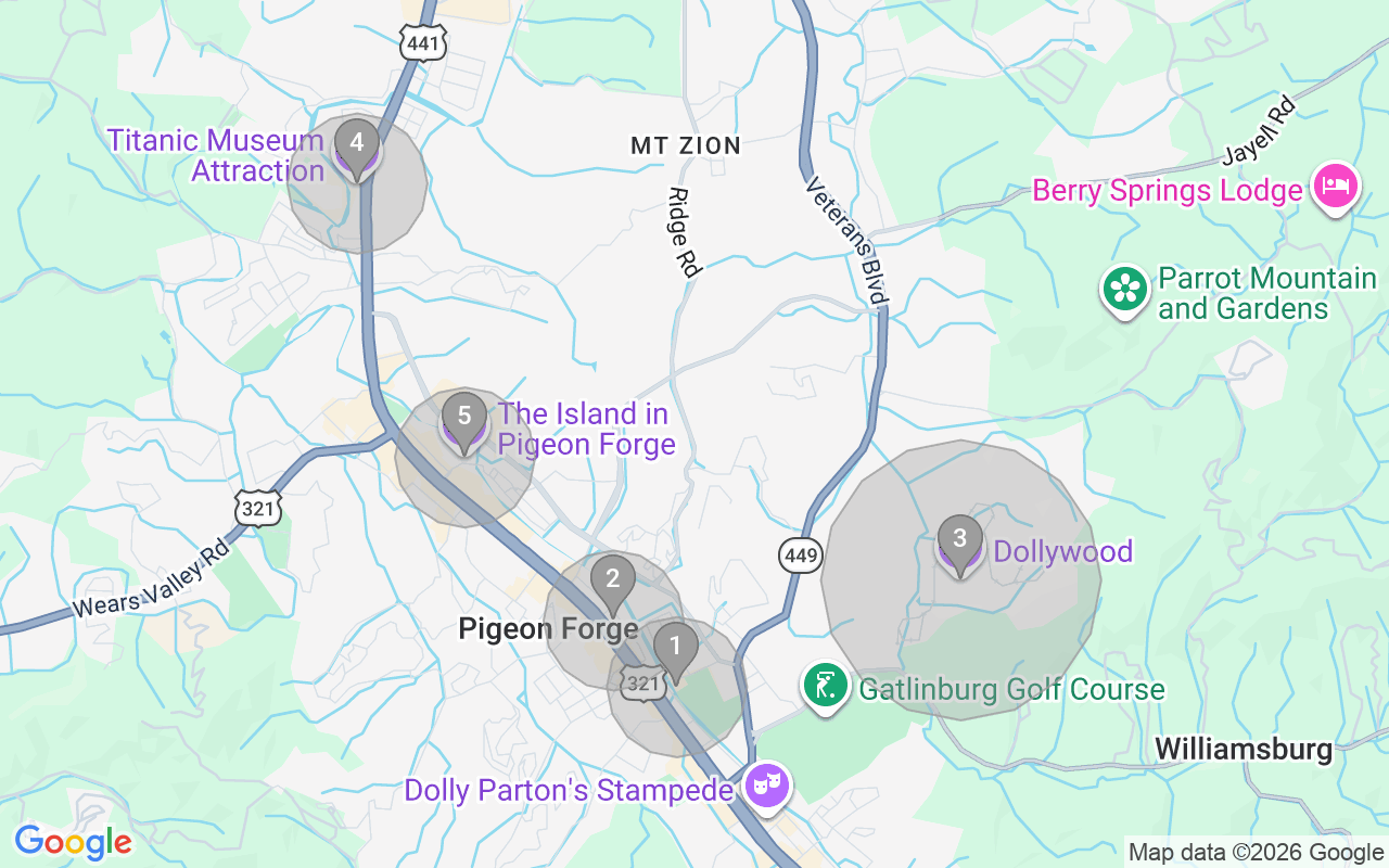 Map of Airbnb guest-review hotspots in Pigeon Forge with location premium circles