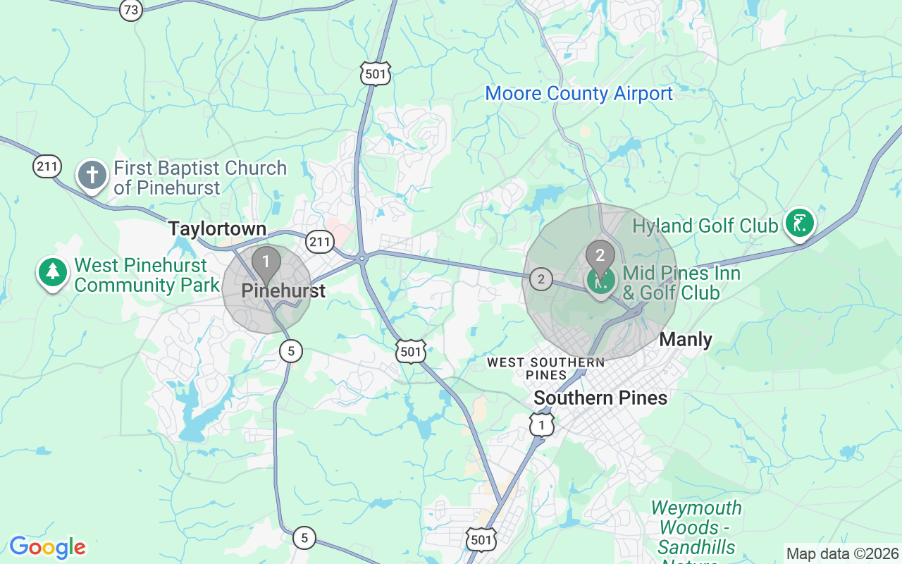 Map of Airbnb guest-review hotspots in Pinehurst-Southern Pines with location premium circles