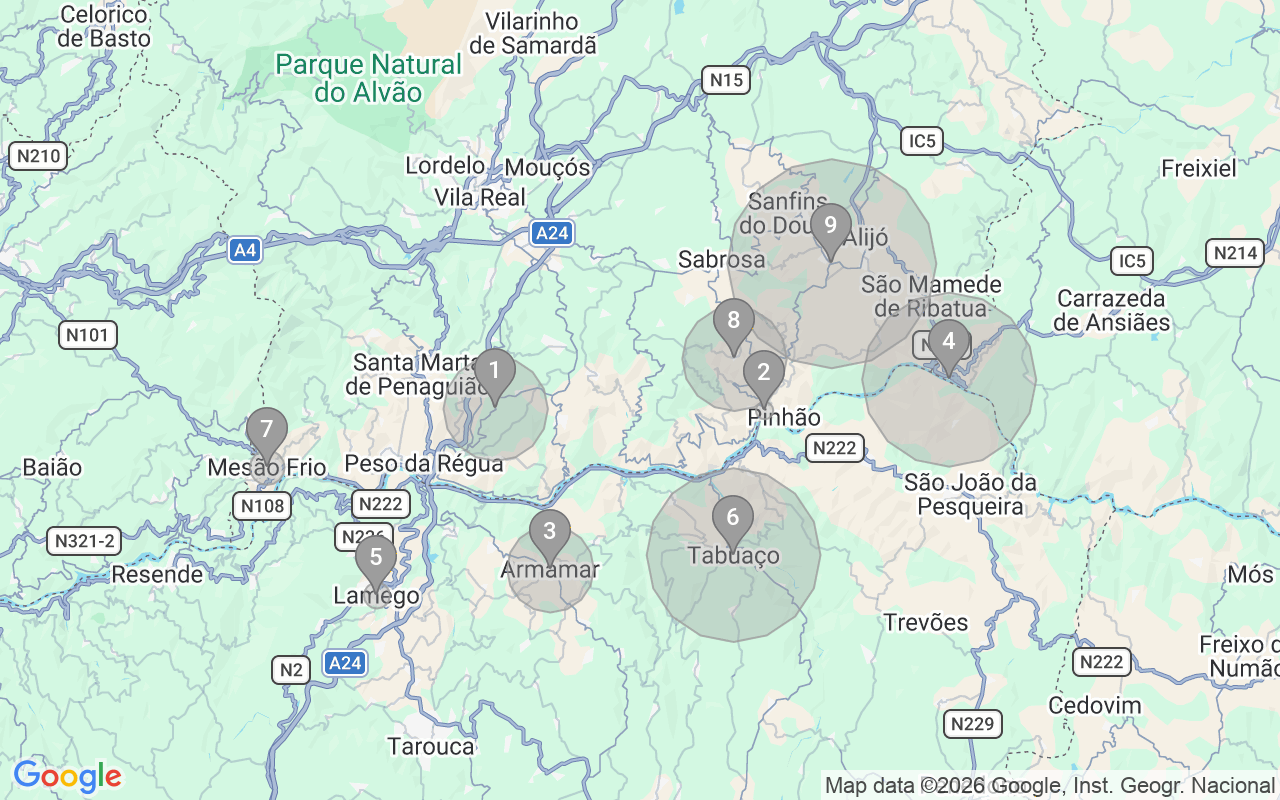 Map of Airbnb guest-review hotspots in Pinhão with location premium circles