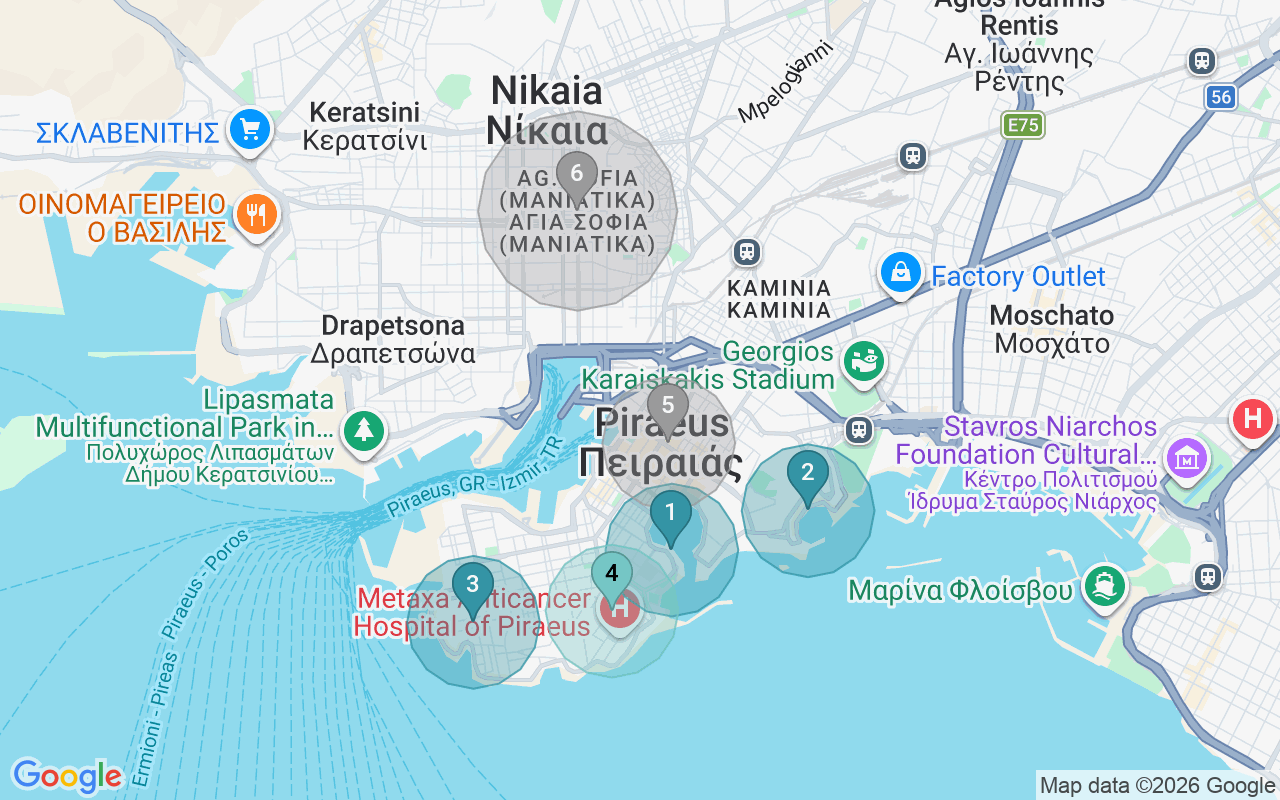 Map of Airbnb guest-review hotspots in Piraeus with location premium circles