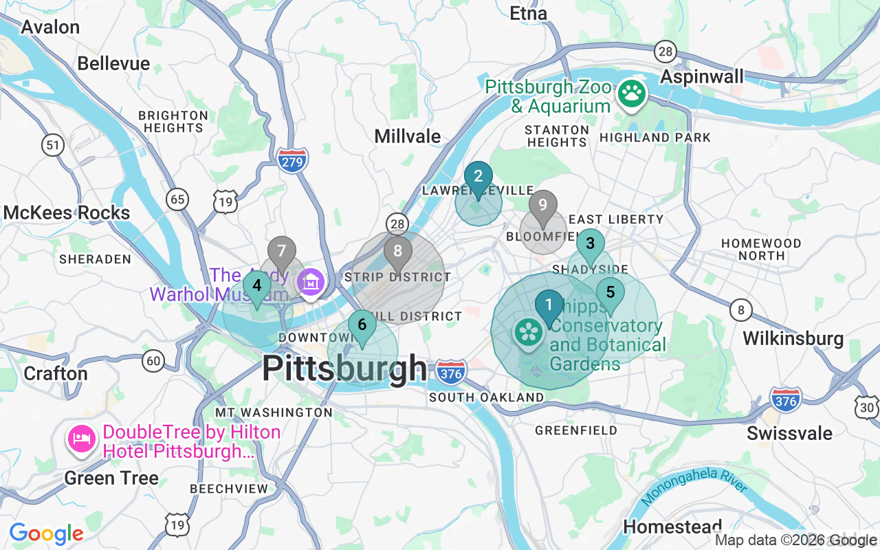 Map of Airbnb guest-review hotspots in Pittsburgh with location premium circles