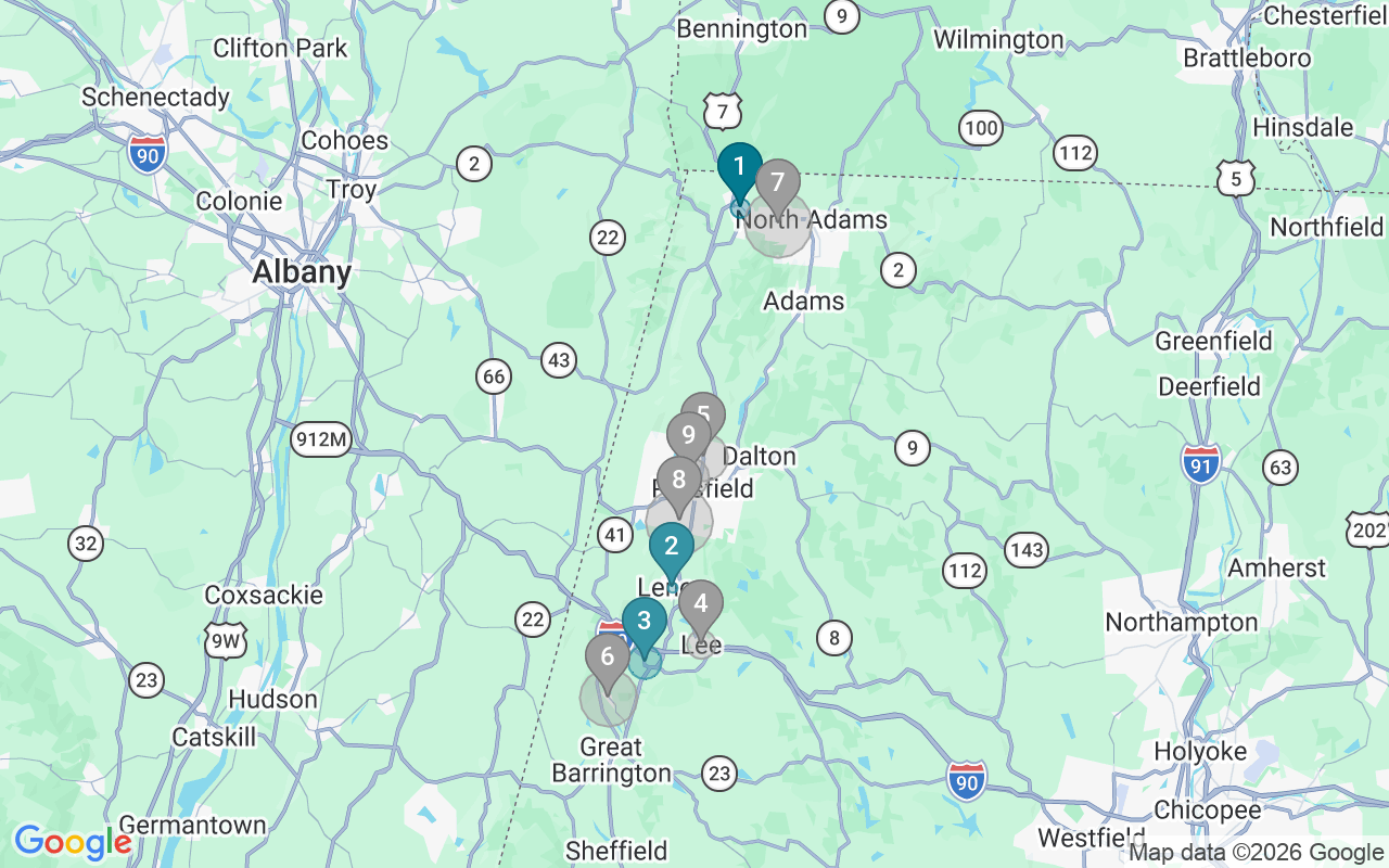 Map of Airbnb guest-review hotspots in Pittsfield with location premium circles