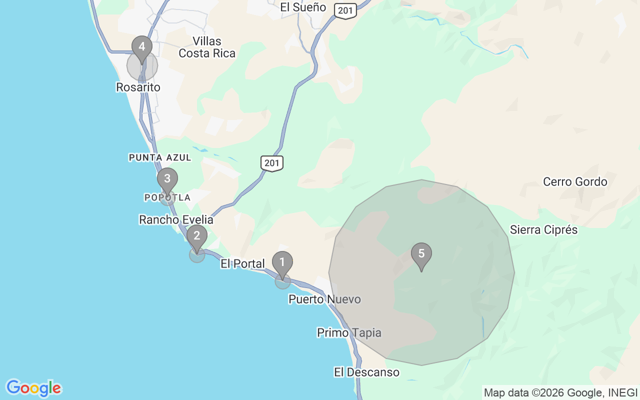 Map of Airbnb guest-review hotspots in Playas De Rosarito with location premium circles