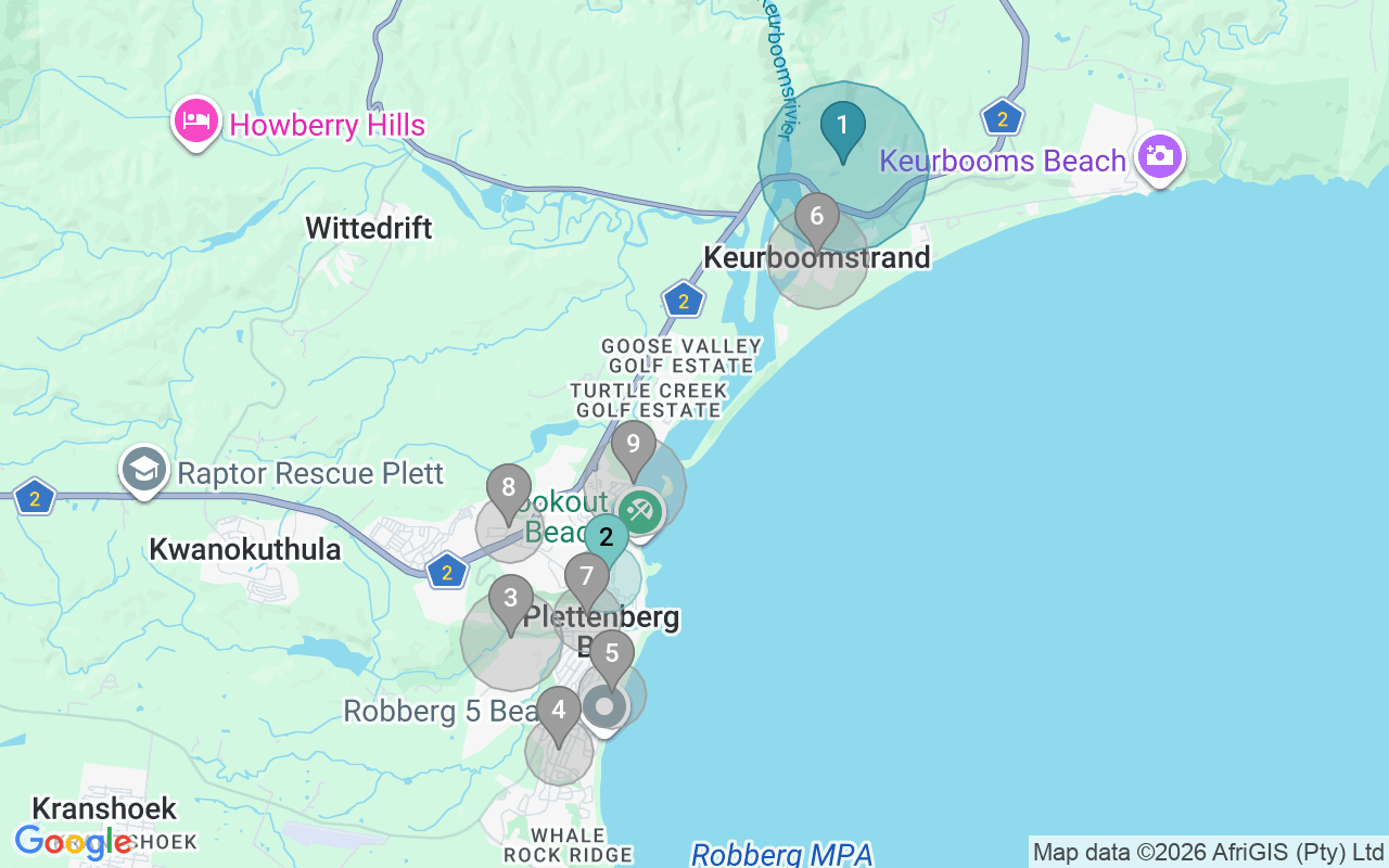 Map of Airbnb guest-review hotspots in plettenberg bay with location premium circles