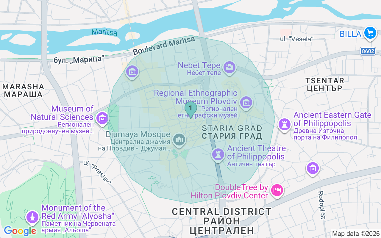 Map of Airbnb guest-review hotspots in Plodiv with location premium circles