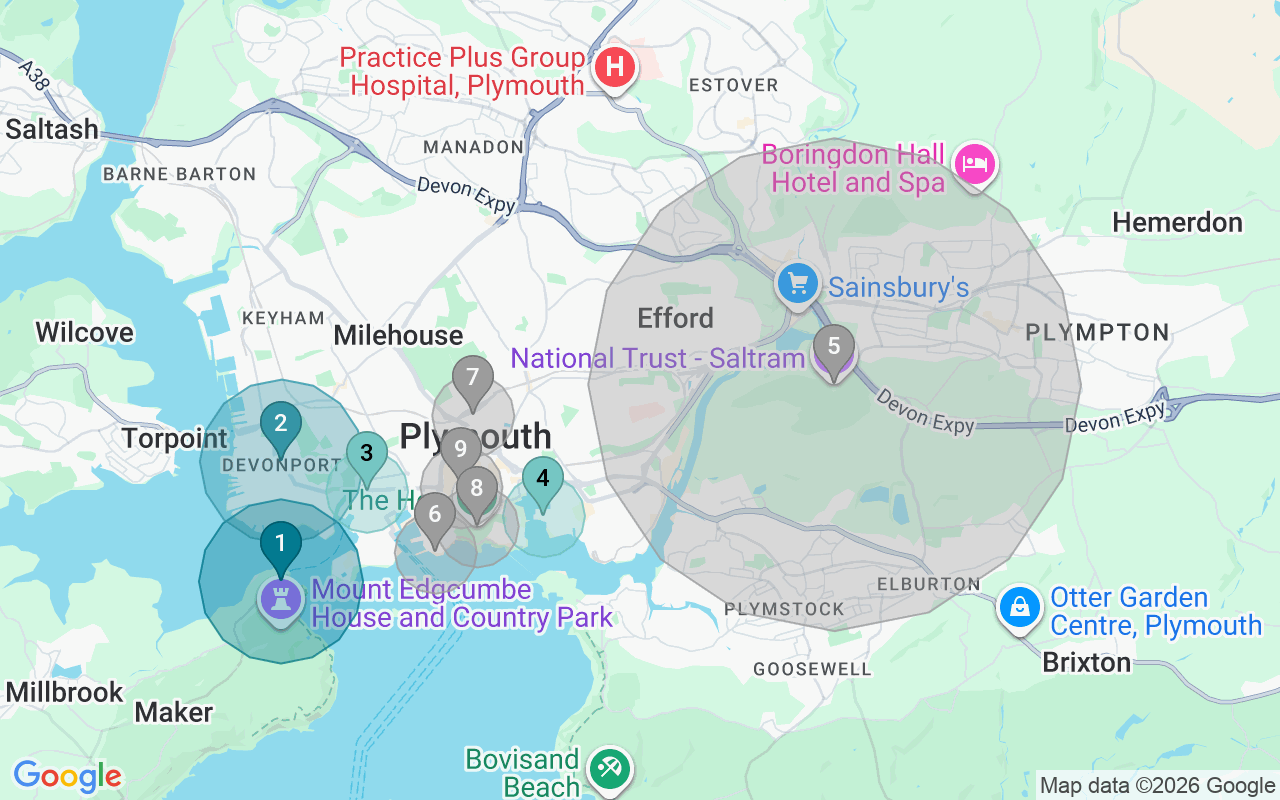 Map of Airbnb guest-review hotspots in Plymouth with location premium circles