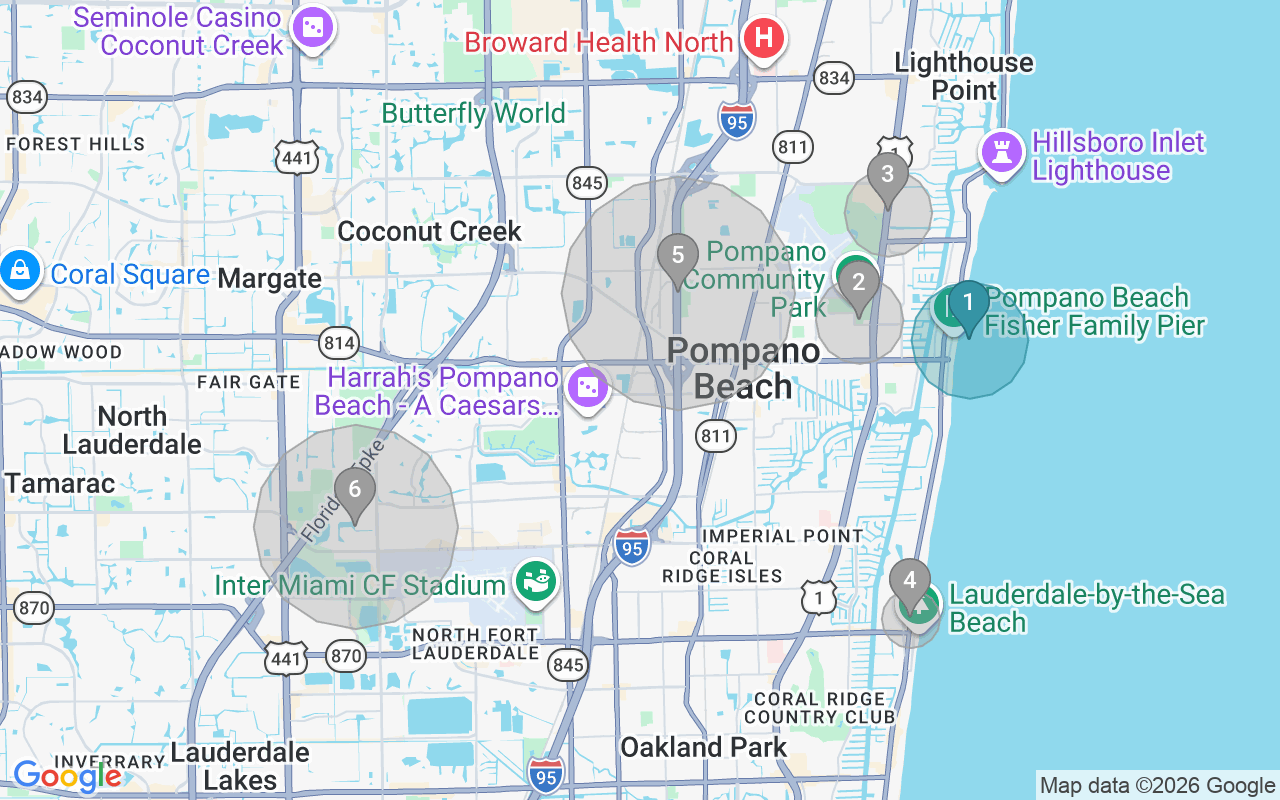 Map of Airbnb guest-review hotspots in Pompano Beach with location premium circles