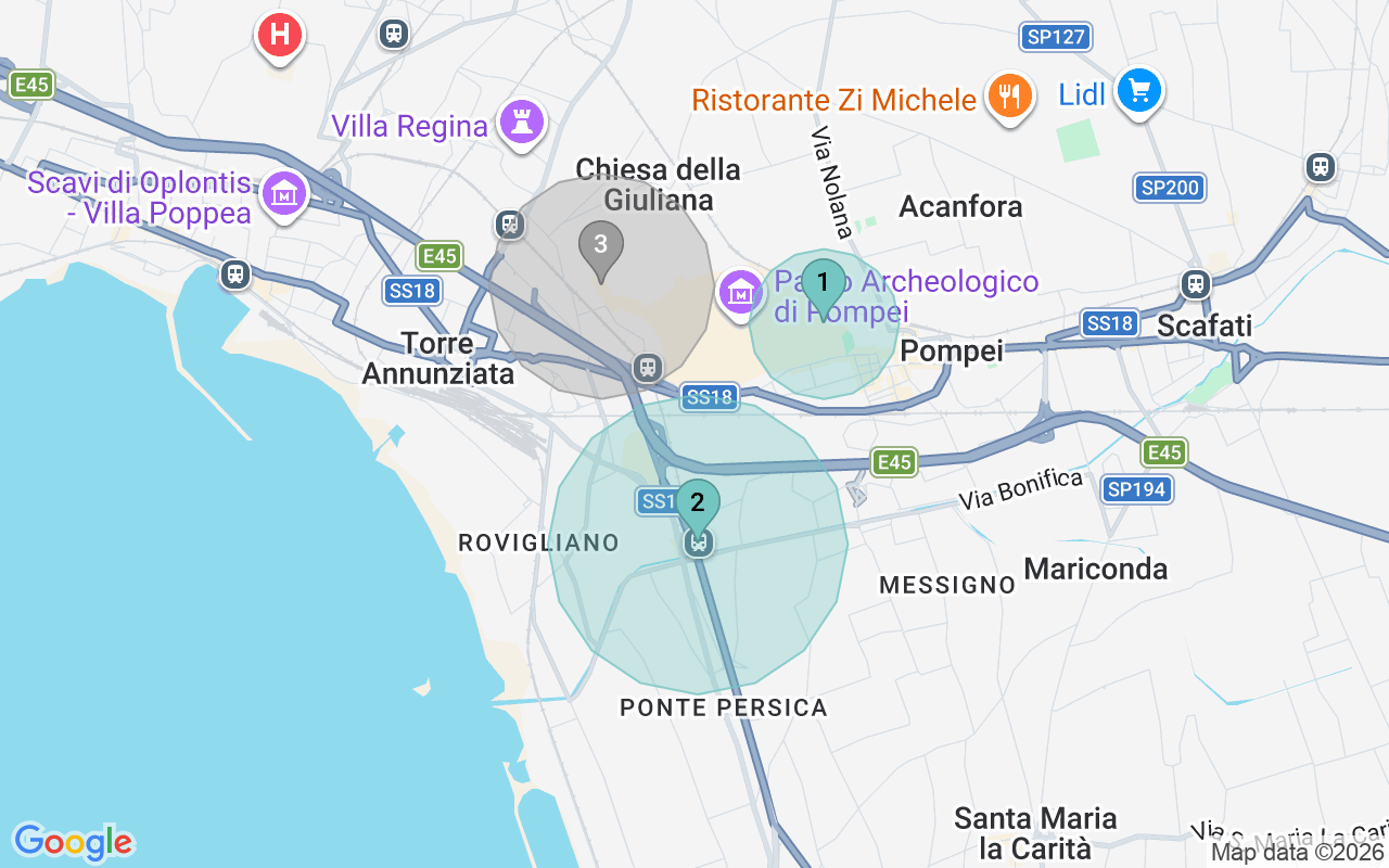 Map of Airbnb guest-review hotspots in Pompeii with location premium circles
