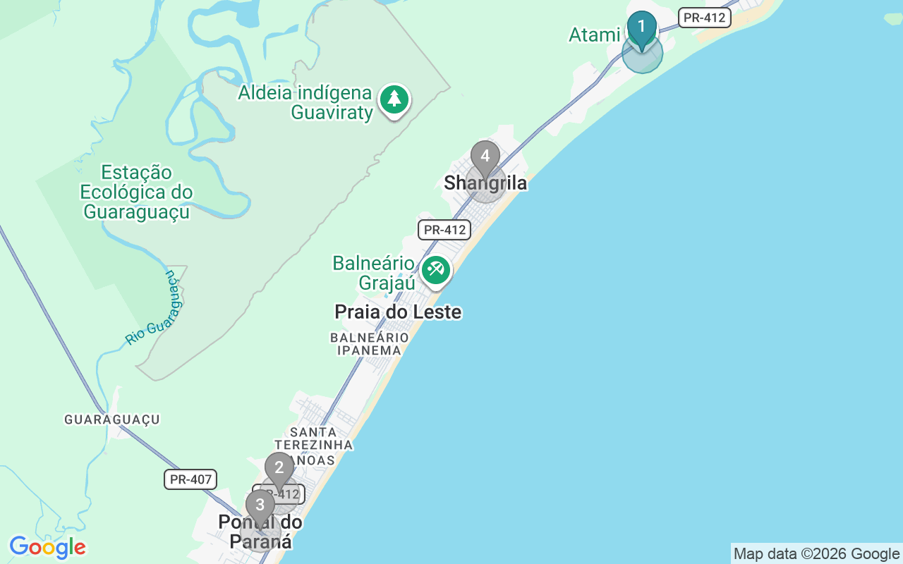 Map of Airbnb guest-review hotspots in Pontal Do Paraná with location premium circles
