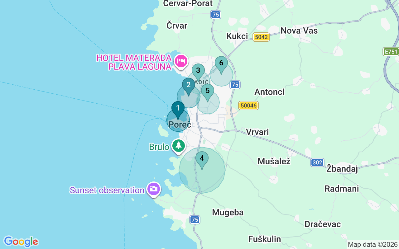 Map of Airbnb guest-review hotspots in Porec with location premium circles