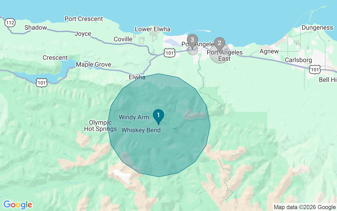 Map of Airbnb guest-review hotspots in Port Angeles with location premium circles