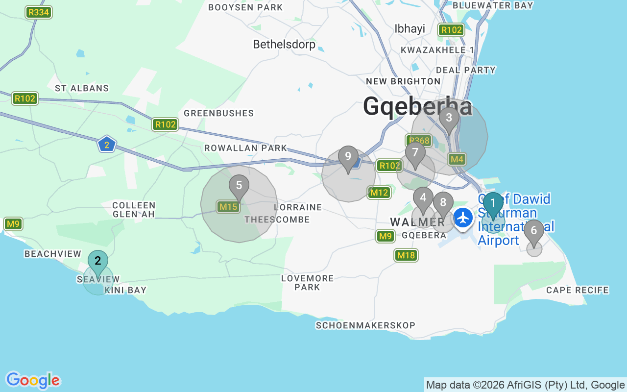 Map of Airbnb guest-review hotspots in Port Elizabeth with location premium circles