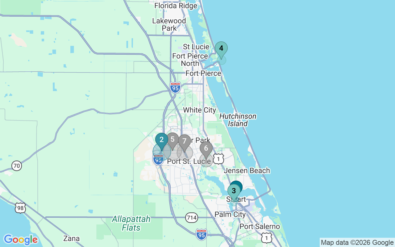Map of Airbnb guest-review hotspots in Port St. Lucie with location premium circles