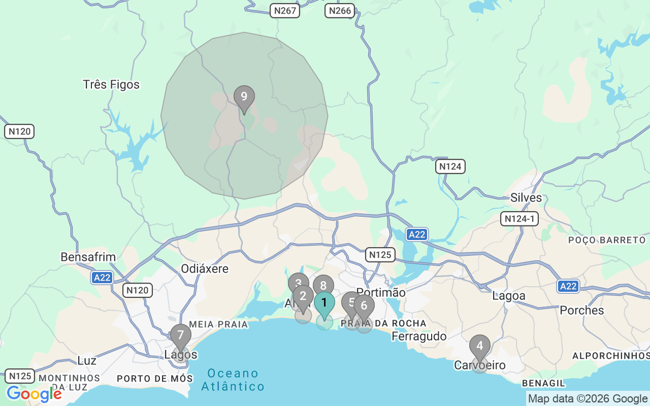 Map of Airbnb guest-review hotspots in Portimao with location premium circles