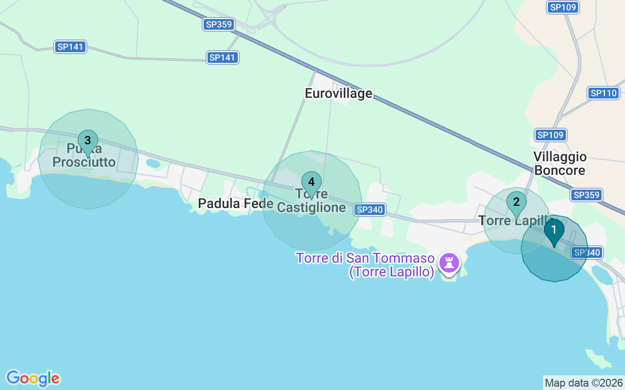 Map of Airbnb guest-review hotspots in Porto Cesareo with location premium circles