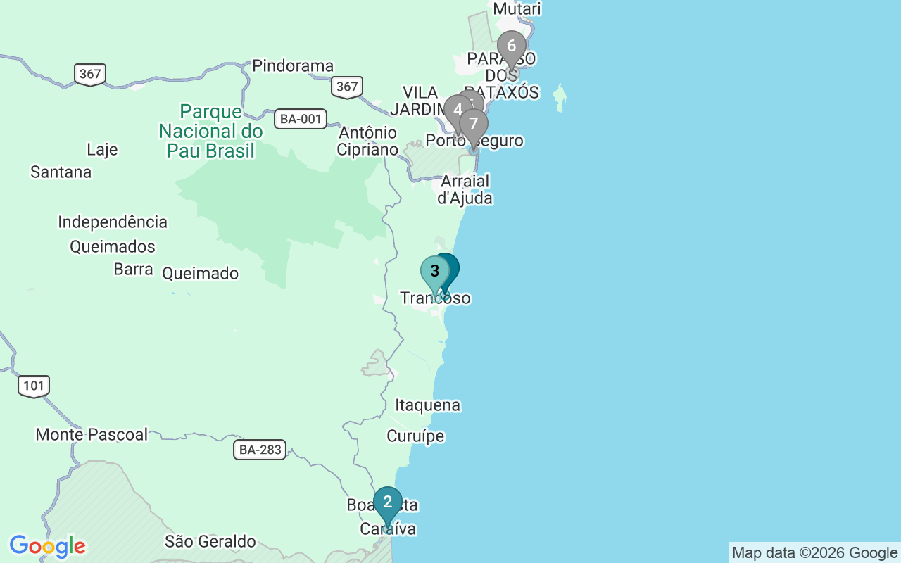 Map of Airbnb guest-review hotspots in Porto Seguro with location premium circles