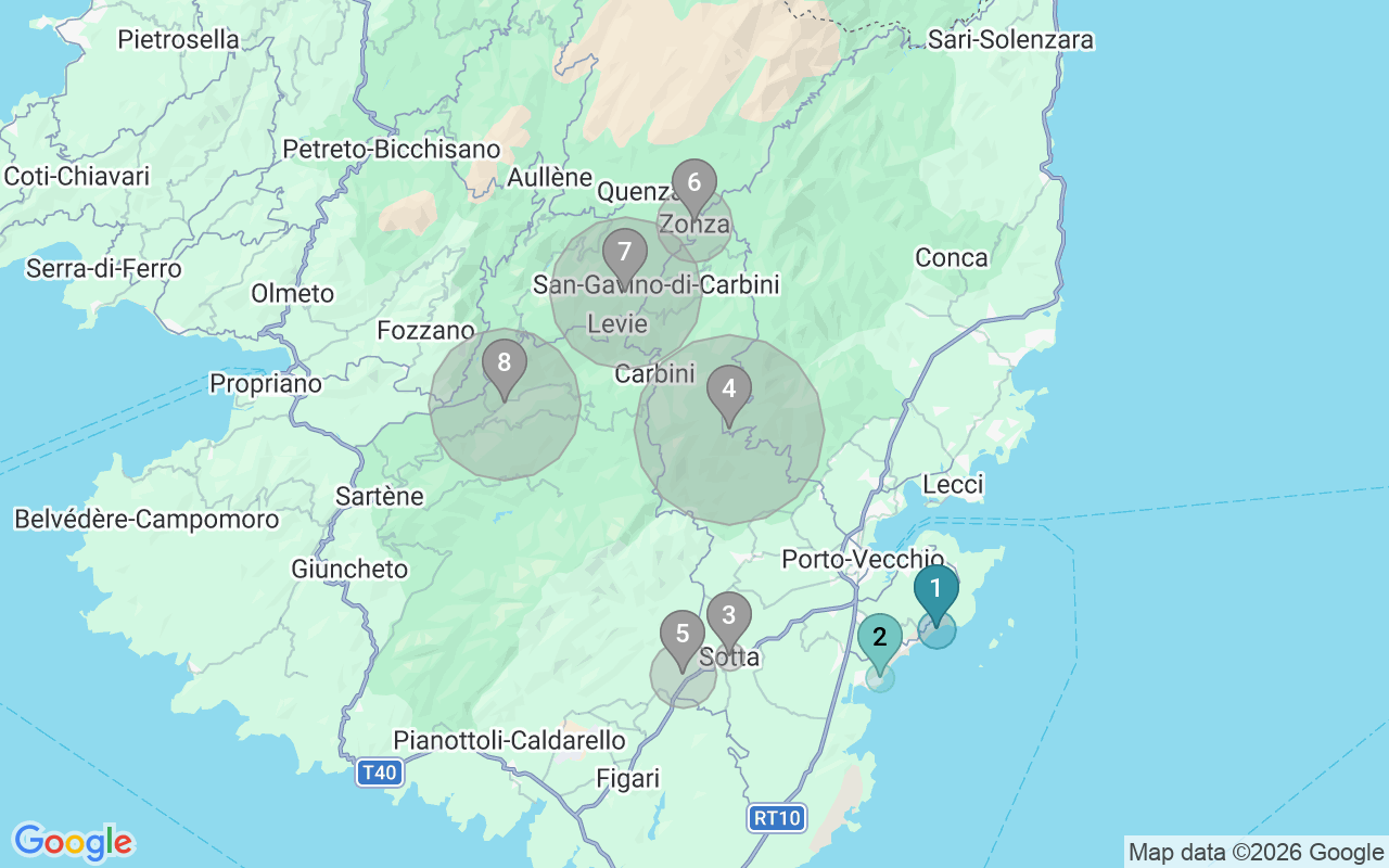 Map of Airbnb guest-review hotspots in Porto-Vecchio with location premium circles