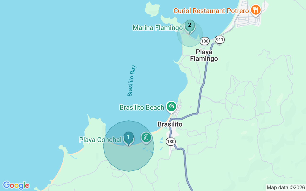 Map of Airbnb guest-review hotspots in Potrero-Flamingo with location premium circles